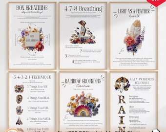 Mental Health Poster Bundle: Breathing Techniques, Grounding Exercises, Trendy Wall Art For Therapy Office, Therapy Office Decor