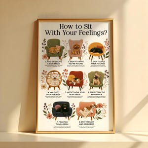 Könnte beinhalten: Ein gerahmtes Lehrplakat mit dem Titel How to Sit With Your Feelings? zeigt acht nummerierte Illustrationen von Hunden in verschiedenen Sesseln, umgeben von Blumenmotiven und erklärendem Text für jeden emotionalen Schritt.