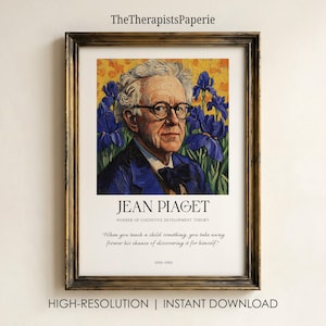 Puede incluir: Una impresión de retrato enmarcada de Jean Piaget con una ilustración al estilo de pintura al óleo del sujeto con traje azul y lirios morados de fondo. El texto dice Jean Piaget, Pioneer of Cognitive Development Theory, 1896-1980.