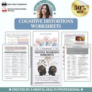 May include: A digital download product titled "Cognitive Distortions Worksheets" with a 50% off sticker. The image includes a workbook, PDF files, and the text "Made By A Therapist". The product is created by a mental health professional.