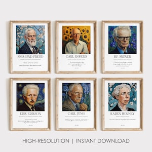 May include: A set of six framed wall art prints featuring portraits of famous psychologists including Sigmund Freud, Carl Rogers, B.F. Skinner, Erik Erikson, Carl Jung, and Karen Horney, each with their name, a quote, and birth and death years.