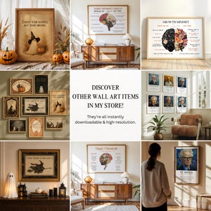 K&ouml;nnte beinhalten: Eine Sammlung von Wandkunst-Drucken mit verschiedenen Motiven, darunter Geister- und Hexenillustrationen, lehrreiche Gehirndiagramme und historische Portr&auml;ts, pr&auml;sentiert in verschiedenen Innenr&auml;umen mit Holzrahmen und dekorativen Elementen.