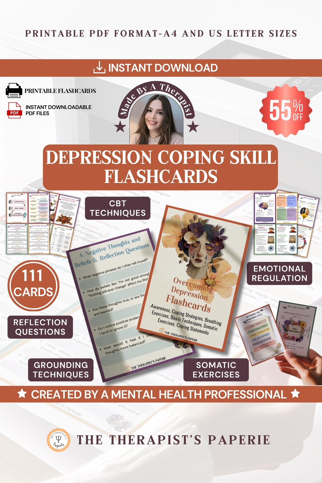 Depression Coping Skills Flashcards PDF: CBT Therapy Cards, Emotional ...