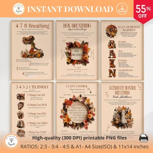 Mindfulness Poster Bundle: Breathing Techniques, Grounding Methods, Trendy Wall Art For Therapy Office, Therapy Room Decor, Counselor Office
