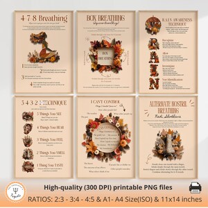 May include: A set of six beige educational posters featuring mindfulness techniques including 4-7-8 breathing, box breathing, R.A.I.N. awareness, 5-4-3-2-1 technique, I can't control, and alternate nostril breathing, all decorated with autumn leaf illustrations.