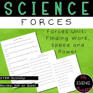 Könnte beinhalten: Schwarzweißes, druckbares Arbeitsblatt mit dem Titel "Science Forces Unit: Finding Work, Speed and Power". Das Arbeitsblatt enthält mehrere Textaufgaben zu naturwissenschaftlichen Konzepten wie Arbeit, Geschwindigkeit und Leistung.