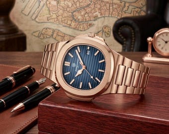 ROSEGOLD NAUTILUS BLU - 41MM - Orologio da polso analogico al quarzo impermeabile con datario e quadrante luminescente - Regalo elegante per lui