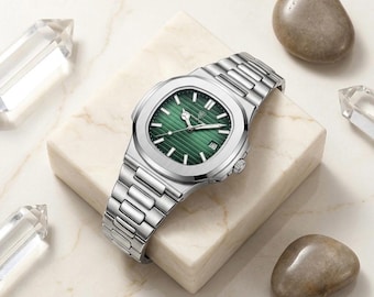 NAUTILUS GREEN - 41MM - Reloj de pulsera analógico de cuarzo resistente al agua con fecha y esfera luminosa - Regalo de estilo ejecutivo para él