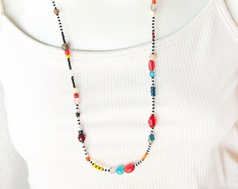 Semiprecious Bead Necklace, Beaded Necklace, Multi Colored Beaded Necklace, Assorted Beads Necklace, Long Necklace
