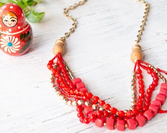 Red Multi-Strand Necklace, Beaded Red Necklace, Statement Necklace, Bold Layered Necklace