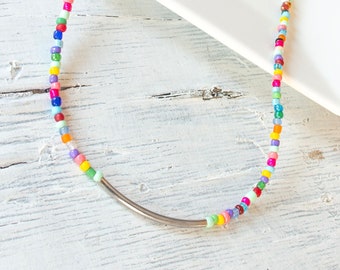 Beaded Necklace, Multi Colored Beaded Necklace, Handmade Necklace, Friendship Necklace, Metal Tube Necklace