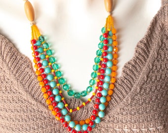 Beaded Multi-Layered Necklace, Colorful Necklace, Statement Necklace, Bold Layered Necklace