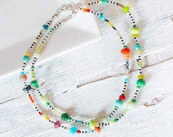 Colar de miçangas, colar de miçangas multicoloridas, colar feito à mão, colar de amizade, colar de miçangas sortidas, miçangas semipreciosas