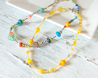 Colar de miçangas, colar de miçangas multicoloridas, colar feito à mão, colar de amizade, colar de miçangas sortidas, miçangas semipreciosas