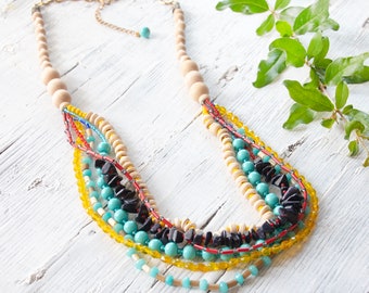 Multilayer Necklace, Beaded Colorful Necklace, Statement Necklace, Bold Layered Necklace