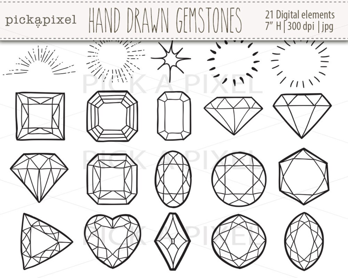 Hand Drawn Gemstones Diamonds in Black outlines Gems Clip Etsy