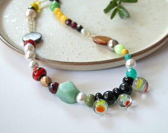 Colar de contas ousadas, colar de contas grandes, colar de contas de trabalho de lâmpada, colar gargantilha, colar OOAK, amarelo e turquesa