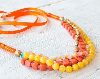 Four Strand Necklace, Yellow, Coral, Pink, Gold Beaded Necklace, Statement Necklace, Bold Layered Necklace