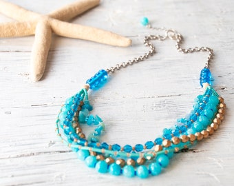 Colar azul turquesa com vários fios, colar azul com contas, colar extravagante, colar em camadas ousadas