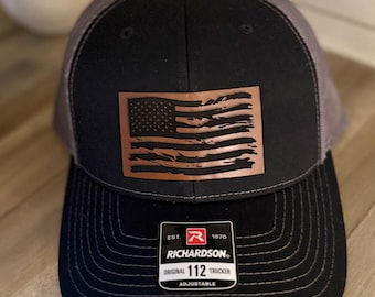 American Flag Hat, Richardson 112 Hat, Leather Patch Hat, Flag, 4th of July, Father's Day, Memorial Day, America, Veteran, Red, White, Blue