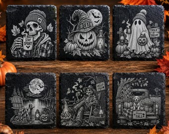 Halloween Slate Coaster Set— Engraved Spooky Fall Drink Coasters, Skeleton Ghost Pumpkin Decor