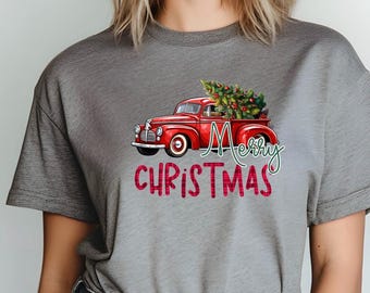 Red Truck Merry Christmas Shirt – Gildan Unisex Tee or Sweatshirt – DTF Rustic Holiday Top
