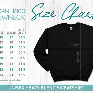 Puede incluir: Sudadera negra Gildan 1800 con una tabla de tallas. La tabla enumera las medidas de pecho, largo y largo de manga en pulgadas para las tallas S a 5XL. El texto "UNISEX HEAVY BLEND SWEATSHIRT" est&aacute; en la parte inferior.