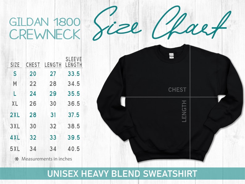 Puede incluir: Sudadera negra Gildan 1800 con una tabla de tallas. La tabla enumera las medidas de pecho, largo y largo de manga en pulgadas para las tallas S a 5XL. El texto "UNISEX HEAVY BLEND SWEATSHIRT" est&aacute; en la parte inferior.