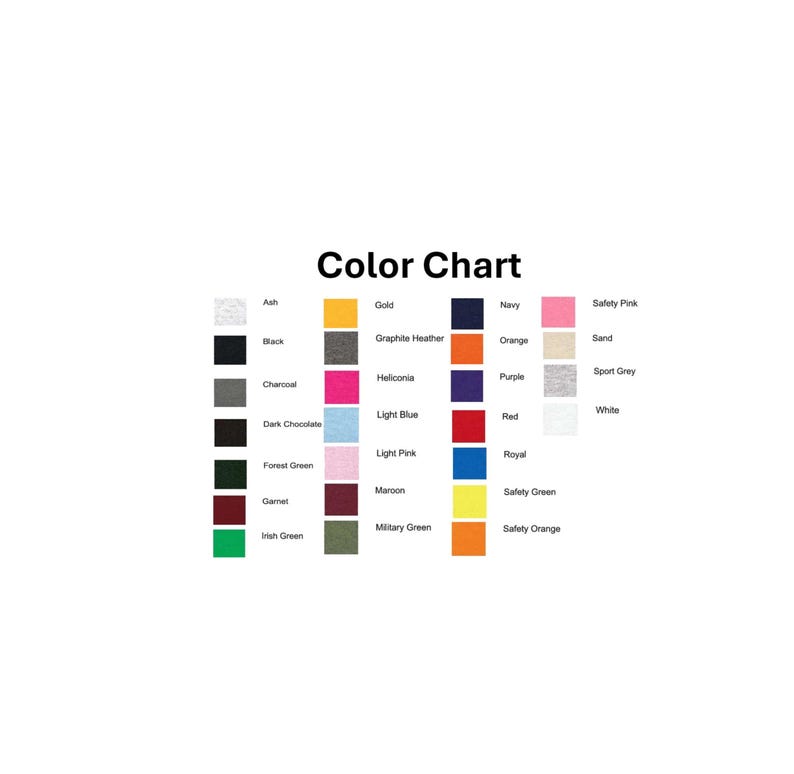 May include: A color chart with a white background displays a variety of color swatches. The chart includes colors like black, navy, red, and safety pink, with the text "Color Chart" at the top.