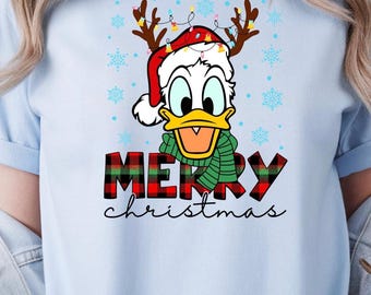Merry Christmas Donald Duck Shirt or Sweatshirt – Disney Holiday Tee – Antlers, Lights & Plaid – Gildan Unisex – DTF Print