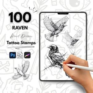 May include: Digital art of 100 raven tattoo stamps. The image shows a tablet displaying several black and white raven illustrations. Text on the tablet reads "100 Raven Hand Drawn Tattoo Stamps". The image also includes icons for Photoshop, JPEG, and Procreate.