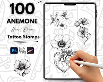 May include: A digital illustration of 100 hand-drawn anemone tattoo stamps. The image shows a close-up of a tablet screen with a hand drawing an anemone flower with a stylus. The text "100 ANEMONE Hand Drawn Tattoo Stamps" is displayed on the left side of the image.