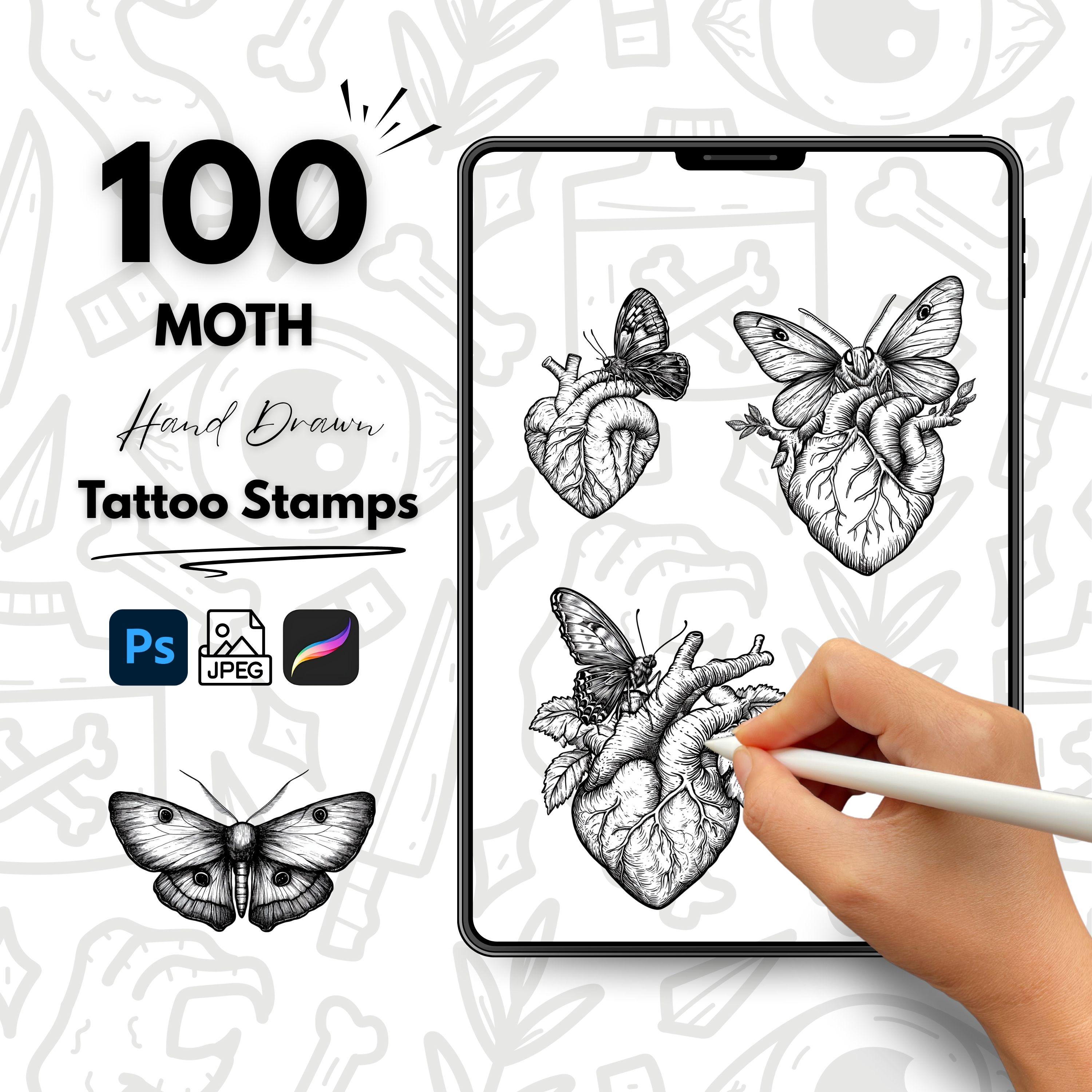 100 sellos de tatuaje de polillas dibujados a mano – Pinceles para Procreate y Photoshop, set de flash de insectos