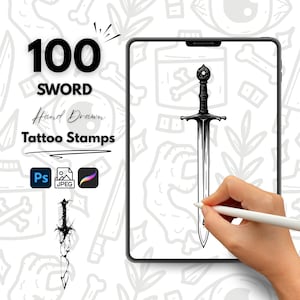 May include: A digital illustration of a sword on a white background with a hand holding a stylus drawing on a tablet screen. The text "100 SWORD Hand Drawn Tattoo Stamps" is visible on the left side of the image.