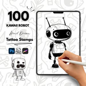 May include: A set of 100 hand-drawn kawaii robot tattoo stamps. The stamps are black and white and feature a variety of cute robot designs. The image shows a single robot stamp with a large head, small body, and large eyes. The text "100 Kawaii Robot Hand Drawn Tattoo Stamps" is visible in the image.