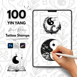May include: Digital art product featuring 100 Yin Yang hand-drawn tattoo stamps. The image shows a tablet displaying Yin Yang designs, with icons for Photoshop, JPEG, and Procreate. The text reads "100 Yin Yang Hand Drawn Tattoo Stamps".