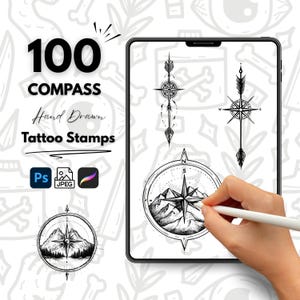 100 Compass Hand Drawn Tattoo Stamps, Procreate Tattoo Brushes, Photoshop Tattoo Brushes, Compass Tattoo Stamp Set, Symbolic Tattoo Flash