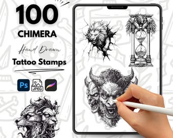 Puede incluir: Una ilustración digital de 100 sellos de tatuaje dibujados a mano con diseños de quimeras. La imagen muestra una cabeza de león emergiendo de una pared, una criatura de tres cabezas con cuernos y un reloj de arena con alas.
