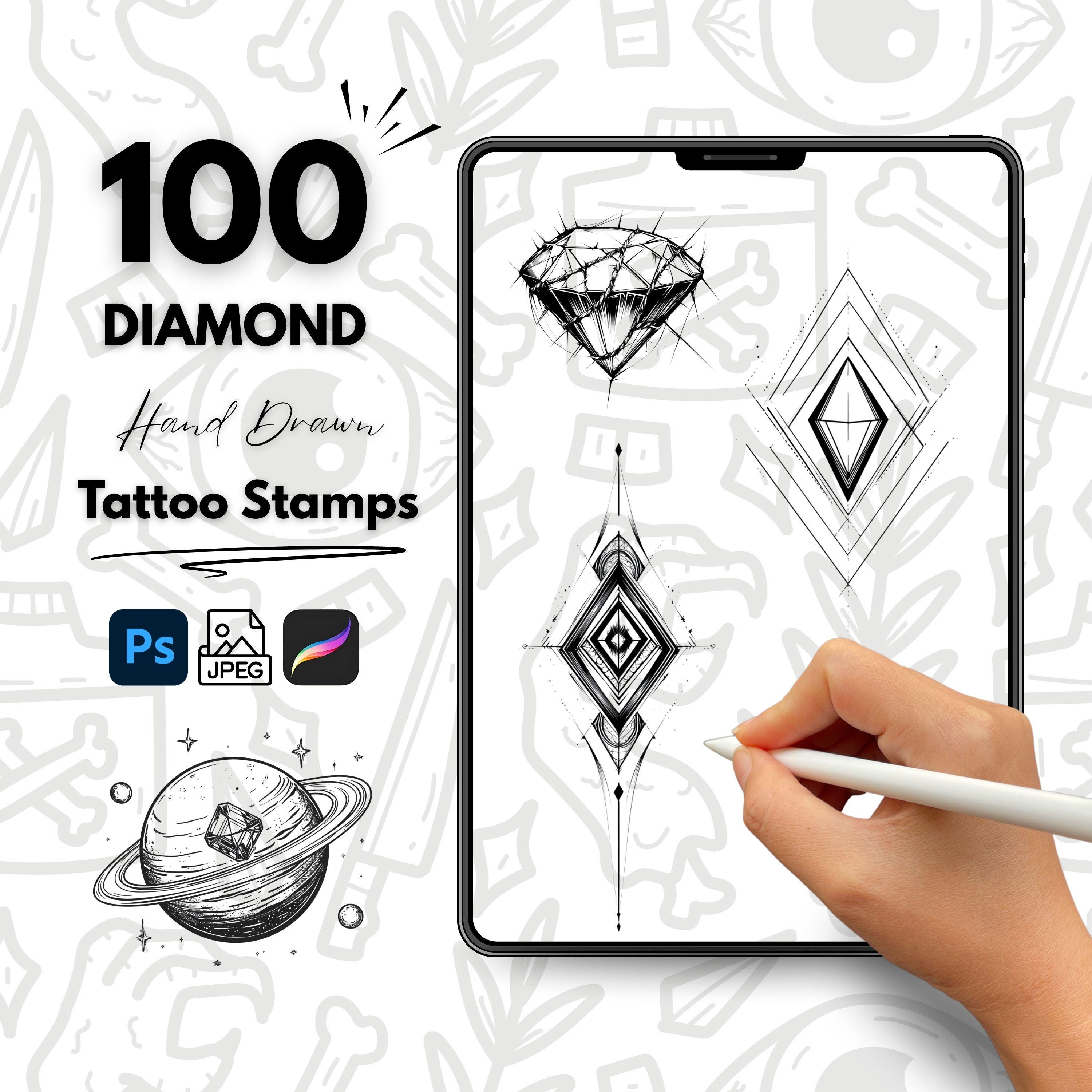 100 sellos de tatuaje de diamante dibujados a mano para Procreate y Photoshop | Set de pinceles Flash de línea minimalista