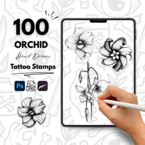 100 Orchid Hand Drawn Tattoo Stamps, Procreate Tattoo Brushes, Photoshop Tattoo Brushes, Orchid Tattoo Stamp Set, Floral Tattoo Flash