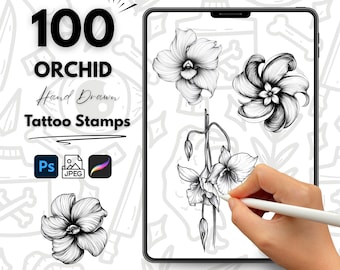 May include: A digital tablet displays hand-drawn orchid tattoo stamps. The image includes the text "100 ORCHID Hand Drawn Tattoo Stamps" and icons for Photoshop, JPEG, and Procreate. The orchids are black and white line drawings.