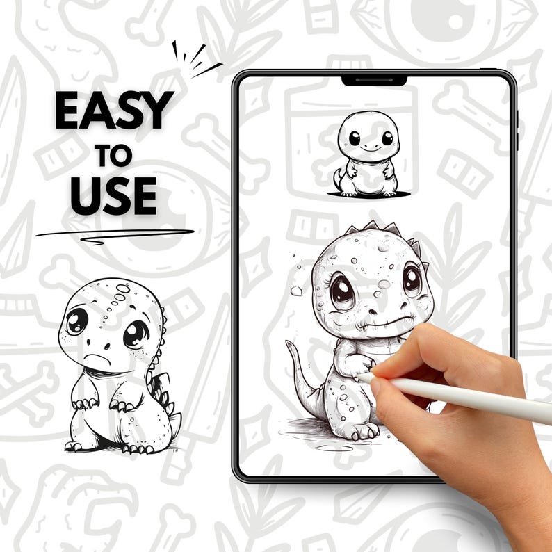 100 Kawaii Dinosaur Hand Drawn Tattoo Stamps, Procreate Tattoo Brushes ...