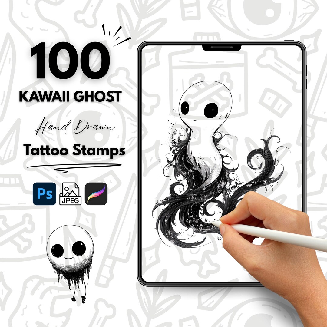 100 Kawaii Ghost Hand Drawn Tattoo Stamps, Procreate Tattoo Brushes ...