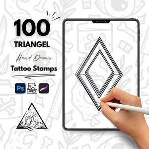 May include: A digital illustration of 100 hand-drawn tattoo stamps. The image shows a black and white geometric design with a diamond shape. The text "100 TRIANGEL Hand Drawn Tattoo Stamps" is displayed on the left side of the image.