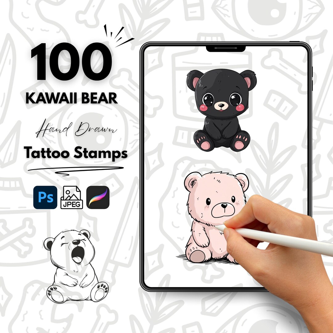 100 Kawaii Bear Hand Drawn Tattoo Stamps, Procreate Tattoo Brushes ...