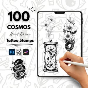May include: A digital tablet screen displaying a set of 100 hand-drawn tattoo stamps with a cosmos theme. The stamps feature images of flowers, snakes, and an hourglass. The text "100 COSMOS Hand Drawn Tattoo Stamps" is displayed at the top of the screen.