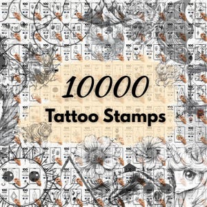 Op de afbeelding: Een collage van 10.000 zwart-witte tattoo-stempelontwerpen. De ontwerpen omvatten bloemen, dieren, geometrische vormen en andere abstracte patronen.