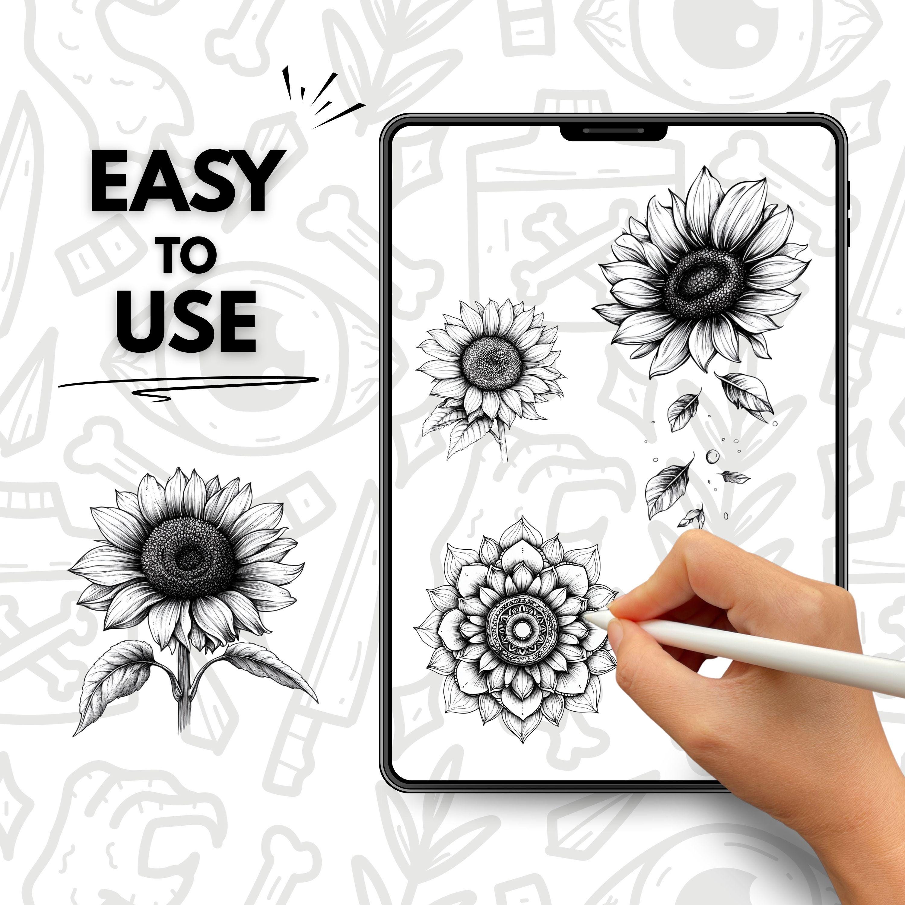 100 Sunflower Hand Drawn Tattoo Stamps, Procreate Tattoo Brushes ...