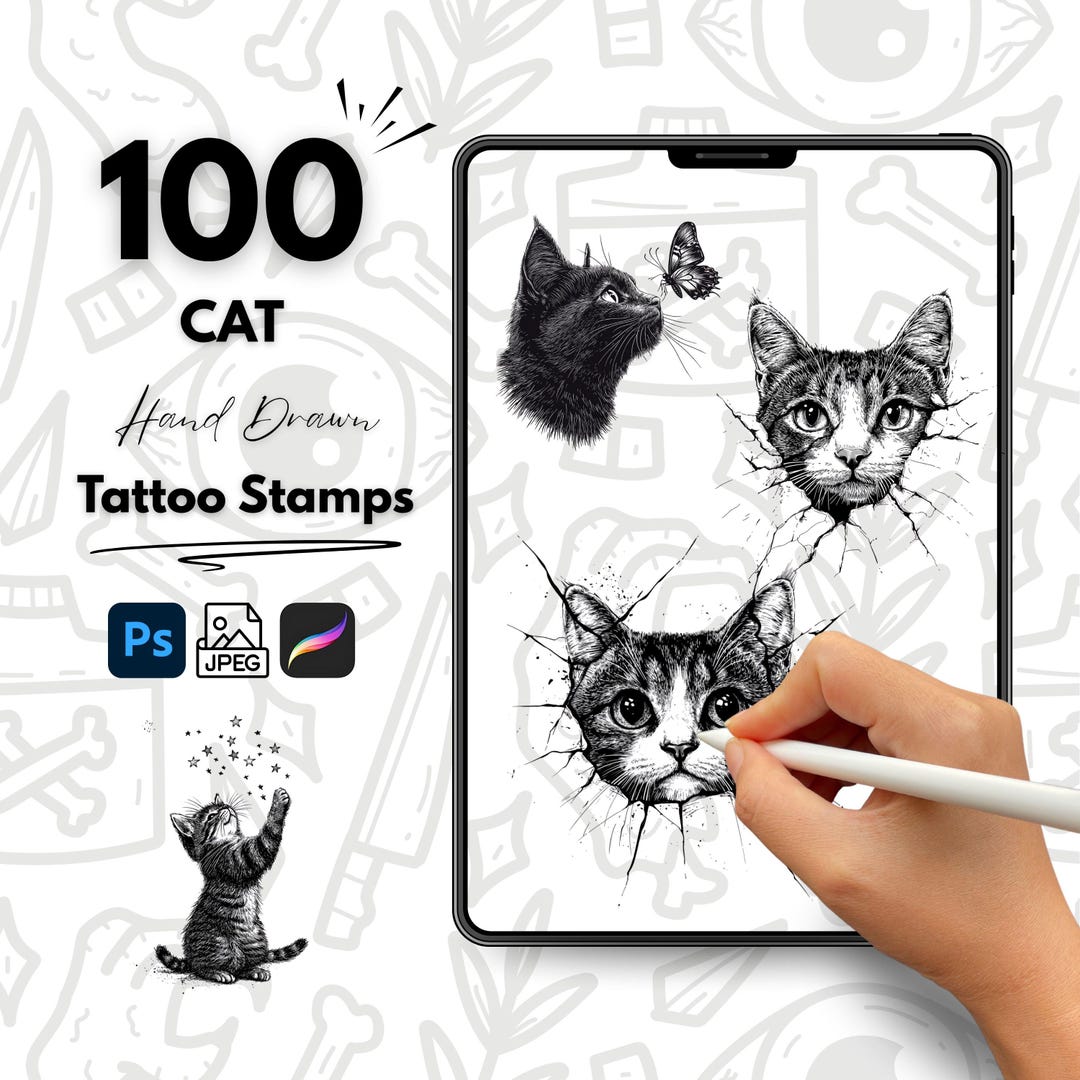 100 Cat Hand Drawn Tattoo Stamps, Procreate Tattoo Brushes, Photoshop ...