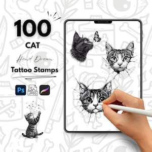 100 Cat Hand Drawn Tattoo Stamps, Procreate Tattoo Brushes, Photoshop Tattoo Brushes, Cat Tattoo Stamp Set, Animal Tattoo Flash